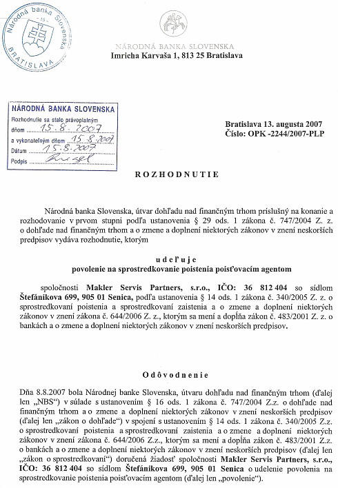 Licencia NBS strana 1